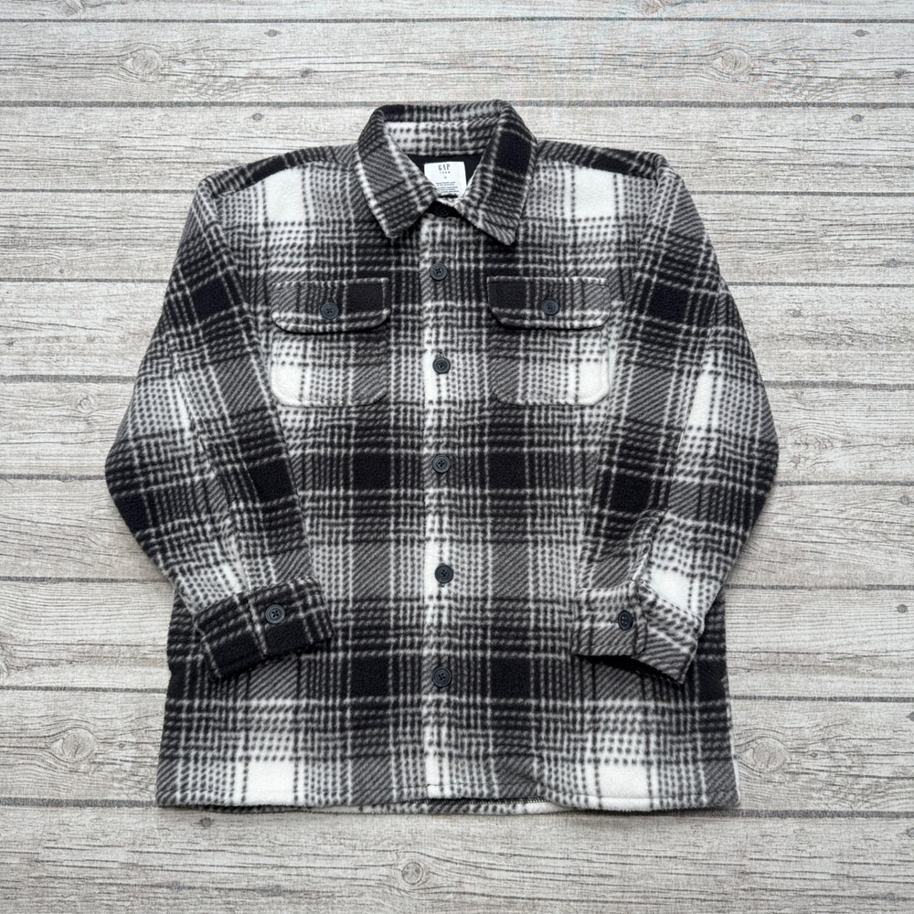 NEW Gap Shirt Jacket Teen's 12 Black White Gray Plaid Fleece Lined Button Down